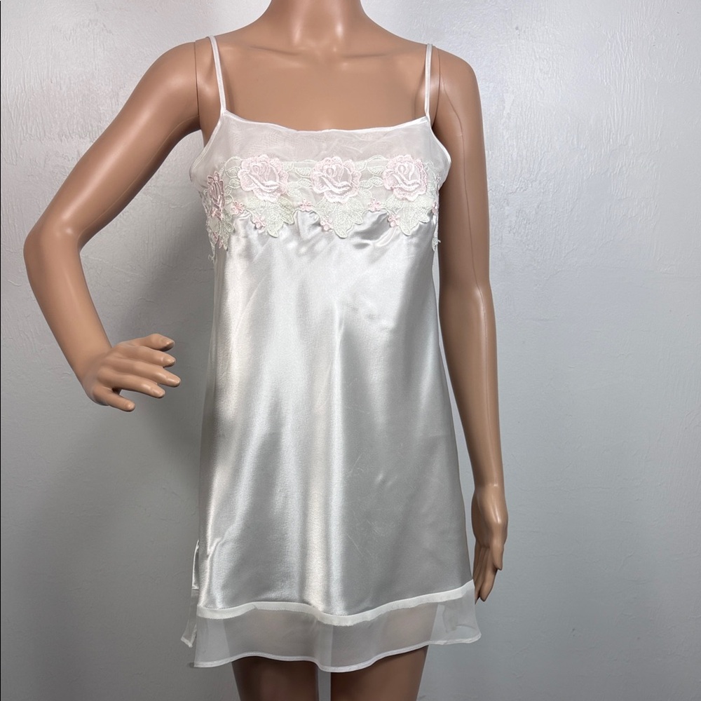Intimo Amore Champagne Satin Slip Nightgown Floral Lace Trim XS Lingerie Soft - Picture 2 of 7